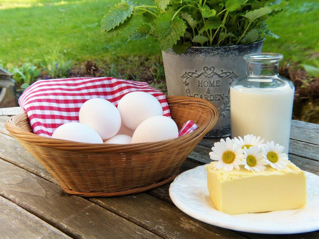 Eggs Milk Butter, silviarita at <a href="https://pixabay.com/photos/eggs-milk-butter-outdoors-garden-2191991/" target="_new">pixabay.com</a>